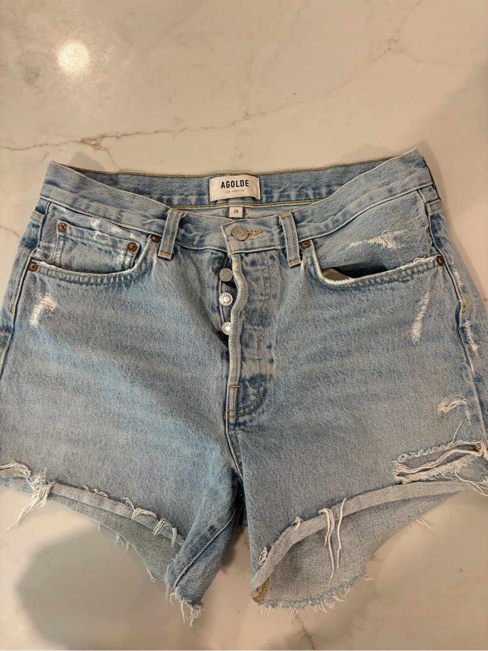 Agolde Light Wash Distressed Raw-Hem Denim Shorts